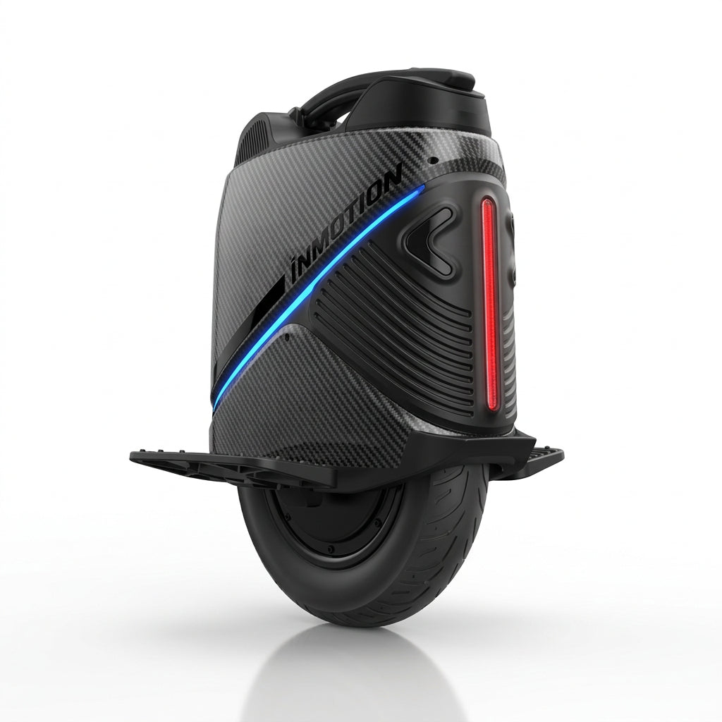 Monociclo eléctrico Inmotion V9 de color negro con neumáticos grandes y plataforma antideslizante, listo para usar.