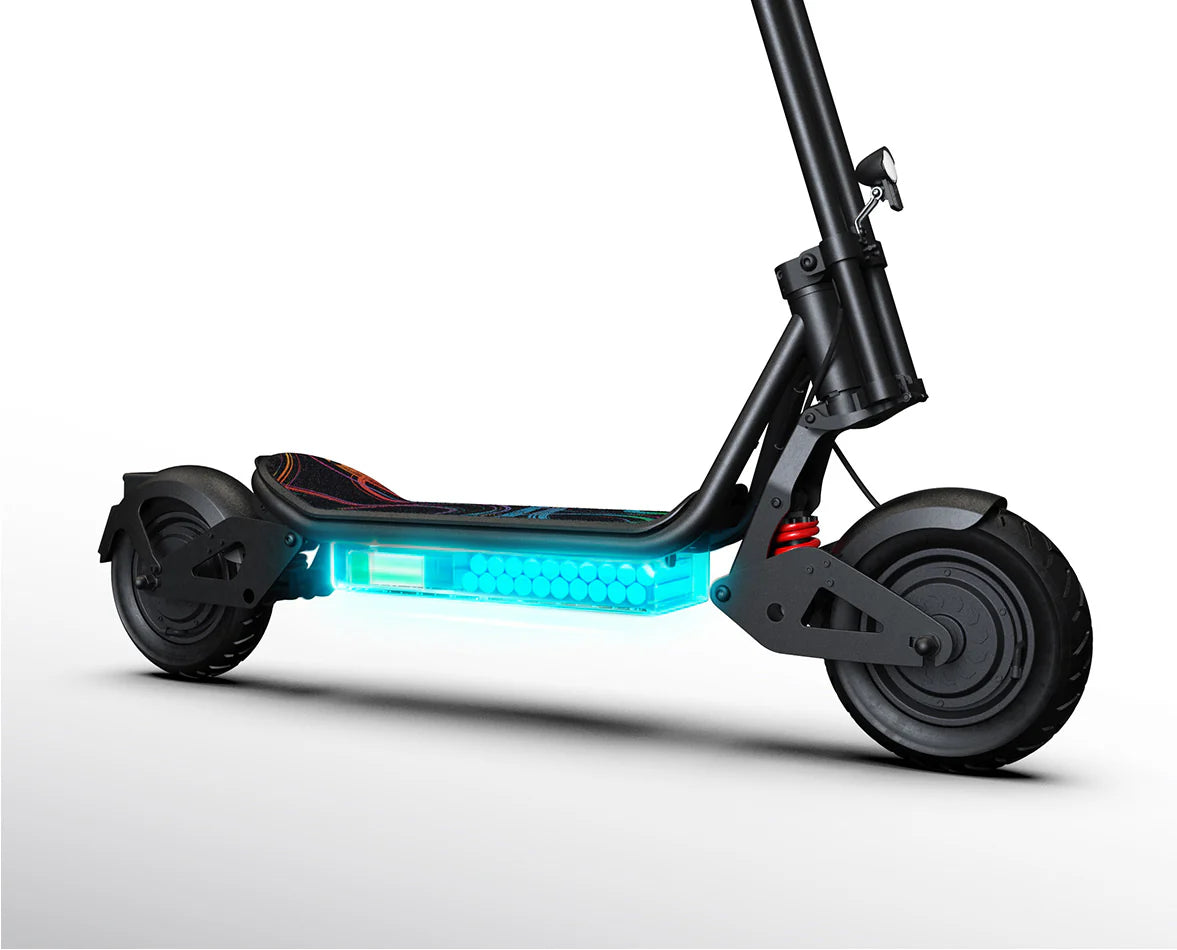 TREMOR Inmotion C10 electric scooter in black with dual motor, suspension, and glowing blue battery pack side view.